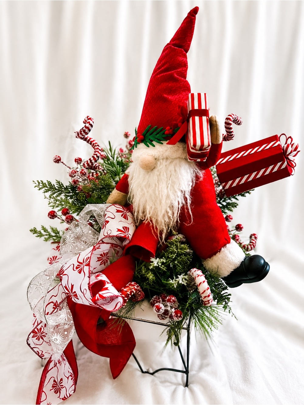 Festive Red Santa Gnome Holiday Table Centerpiece
